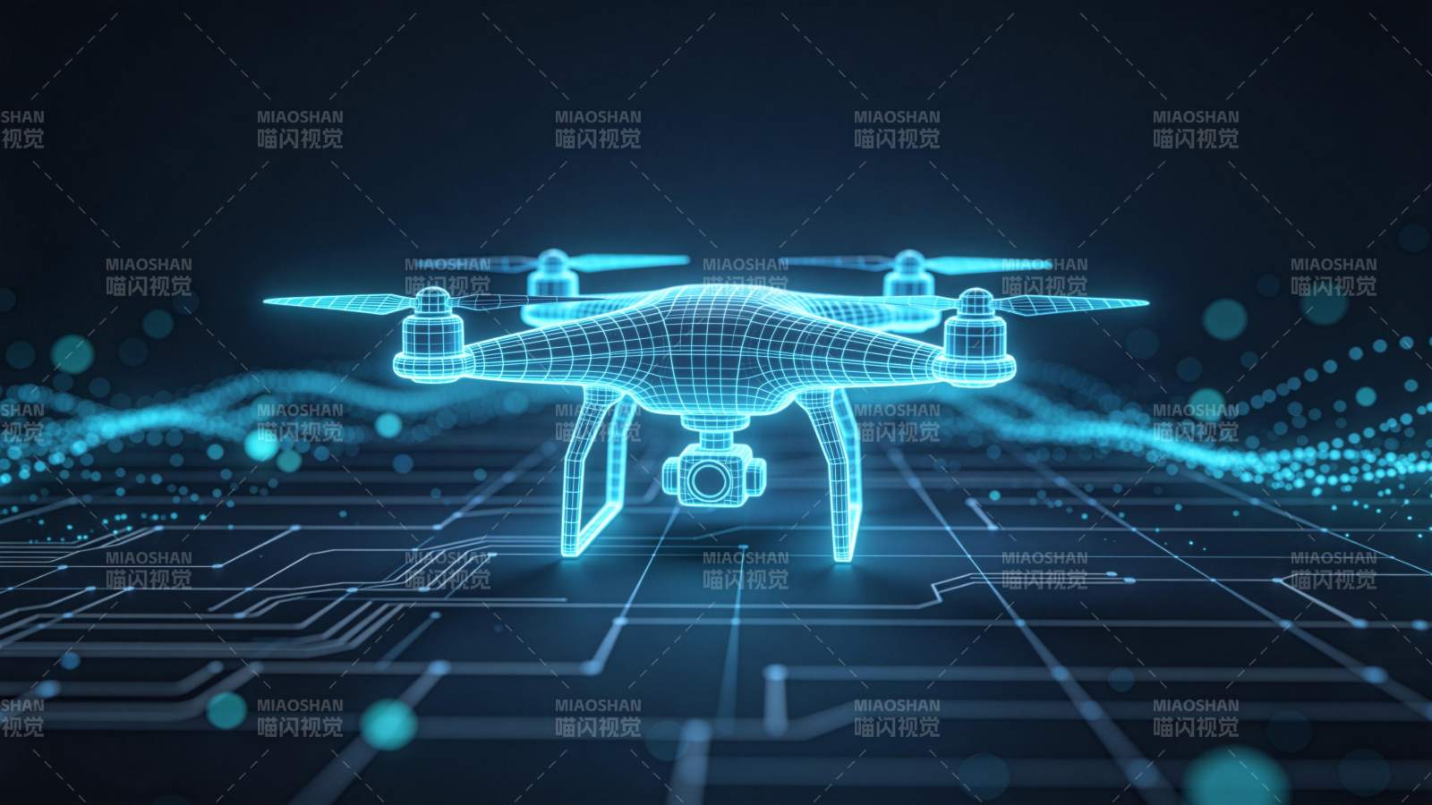 蓝色线框无人机悬浮于电路板背景之上图片