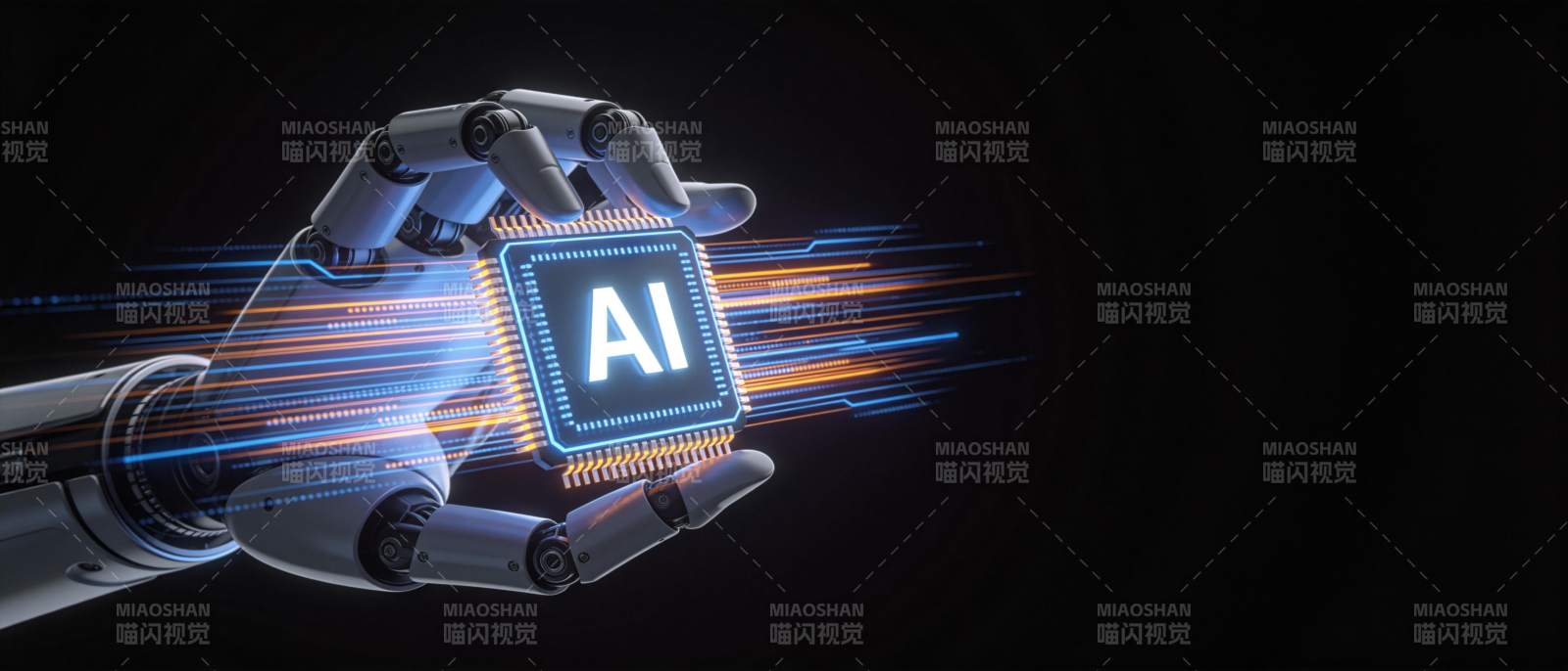 机械手臂握持发光AI芯片展示科技感图片