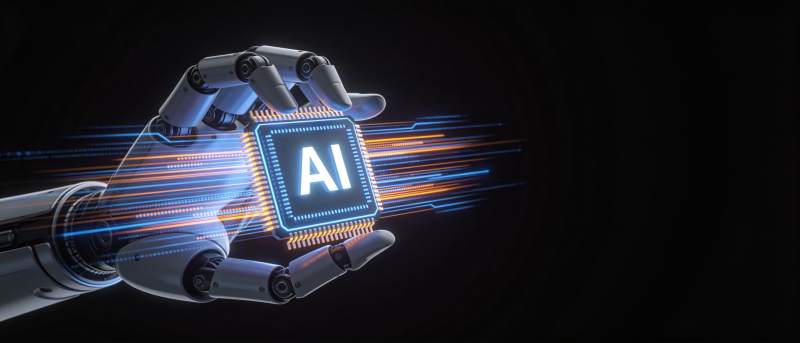 机械手臂握持发光AI芯片展示科技感图片