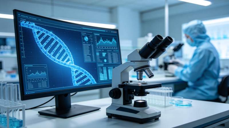 实验室显微镜与DNA双螺旋图像显示场景图片