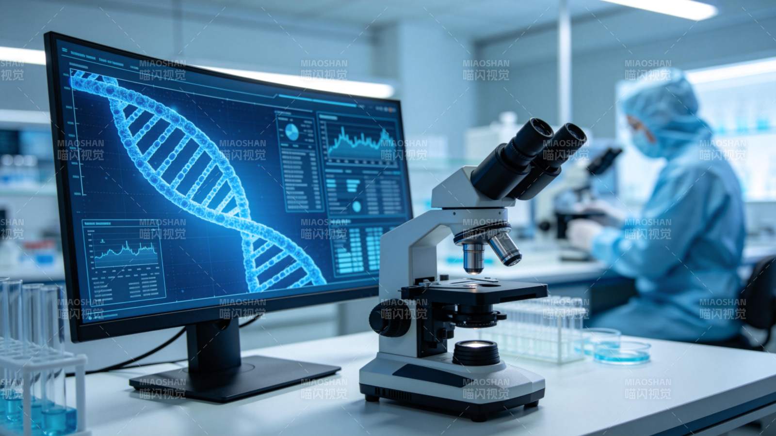 实验室显微镜与DNA双螺旋图像显示场景图片