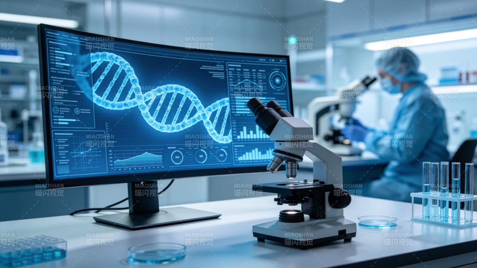 实验室显微镜与DNA双螺旋数据屏幕展示图片