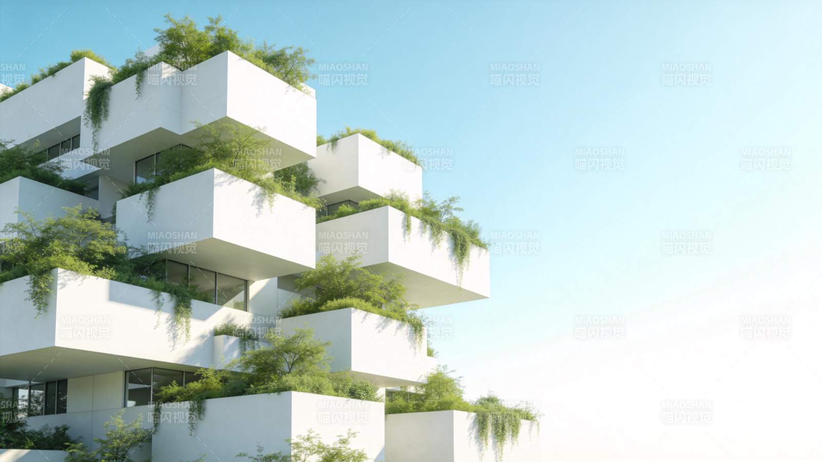 白色立体建筑群覆盖绿色植物景观图片