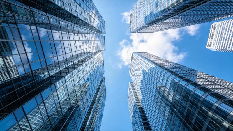 仰视视角下多栋玻璃幕墙摩天大楼林立图片