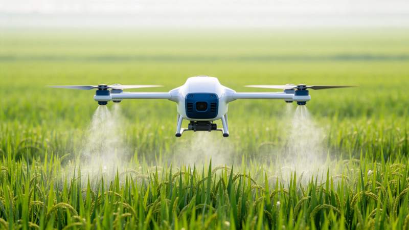 农业无人机在稻田上空喷洒作业图片