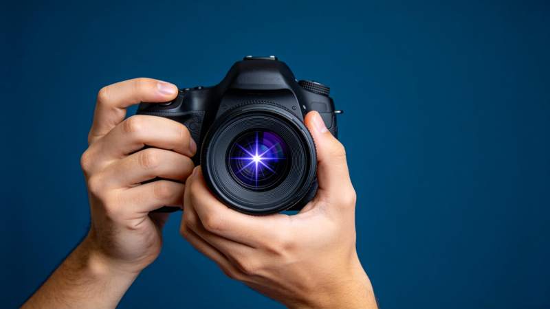 双手持单反相机对准镜头拍摄特写图片