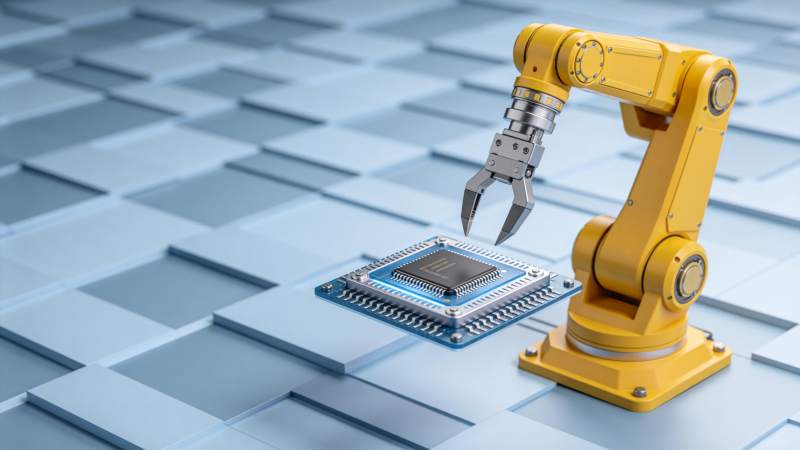 黄色机械臂抓取蓝色电路芯片特写图片