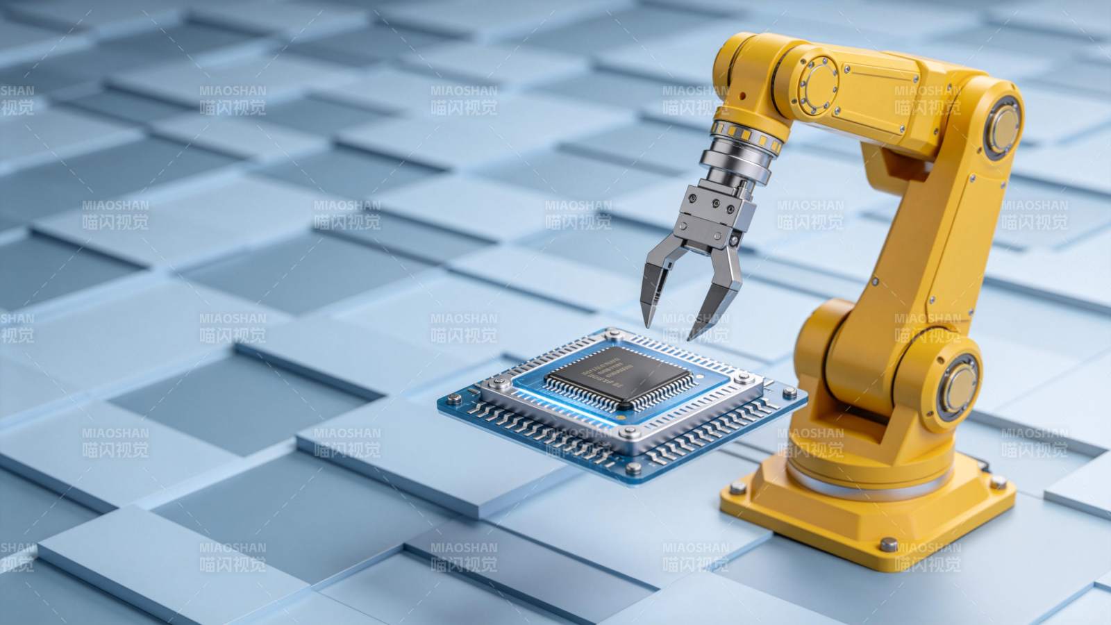黄色机械臂抓取蓝色电路芯片特写图片