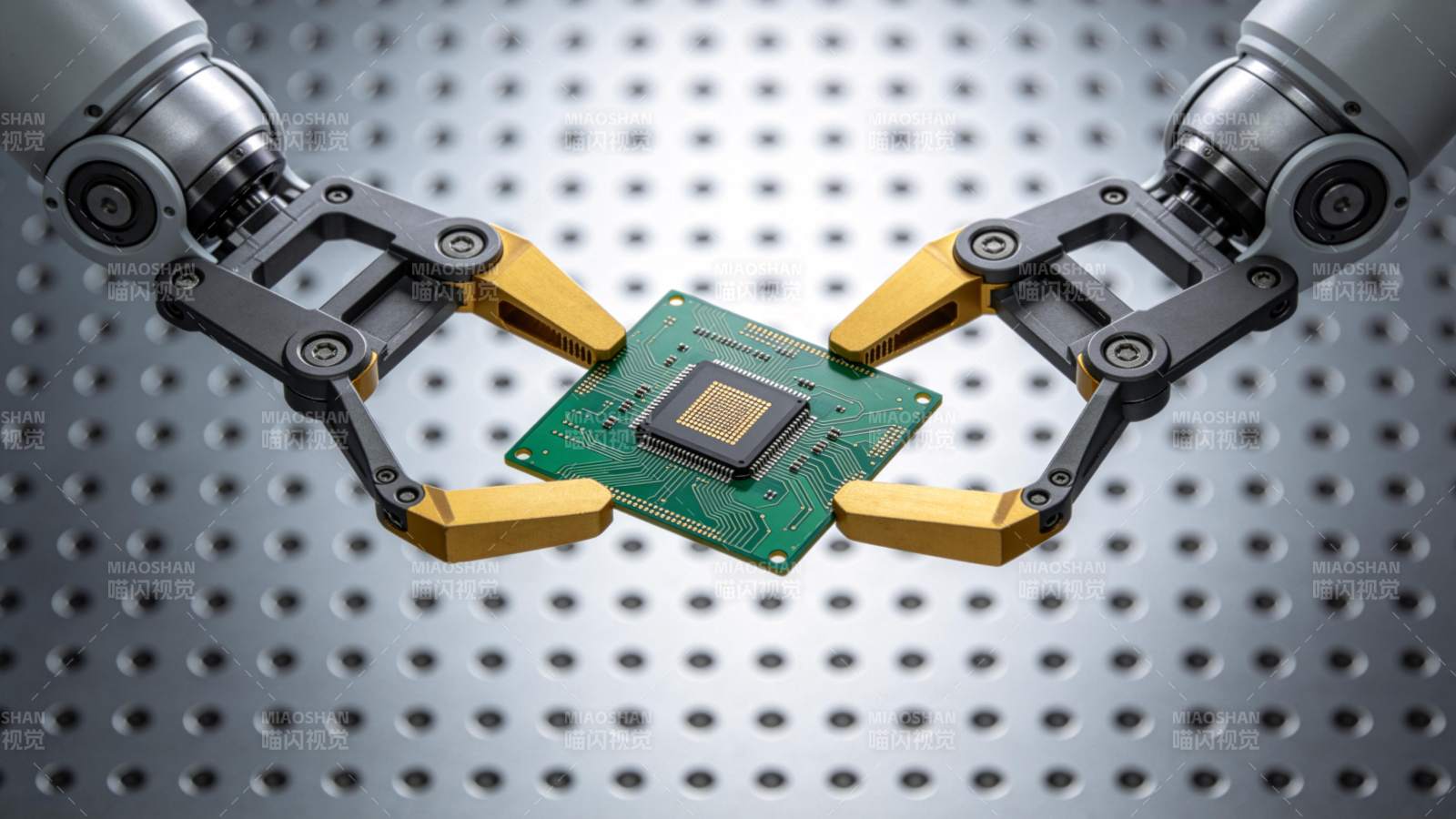 机械臂精准夹持绿色电路板芯片组件图片
