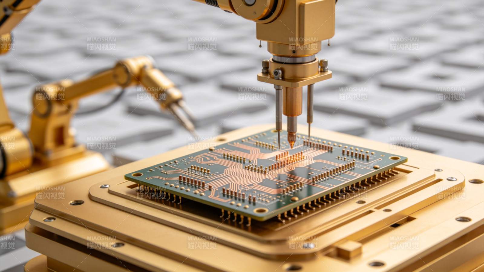 金色机械臂正在精密组装电路板图片