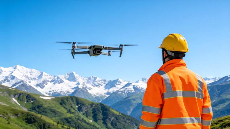 工人操控无人机进行山地巡检作业图片