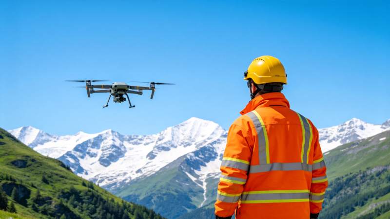 工人操控无人机进行山地巡检作业图片