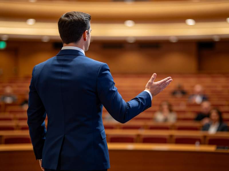 男士背对观众在讲台演讲手势示意图片