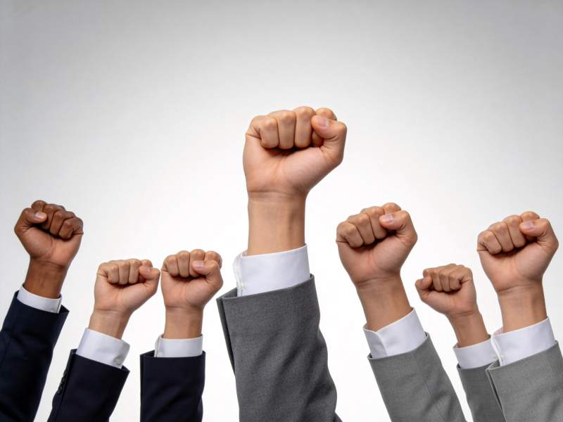 多人举拳示意团结协作的商务场景图片