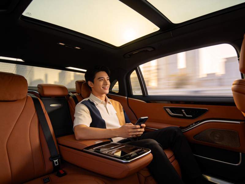 男士乘坐豪华轿车后排使用手机图片