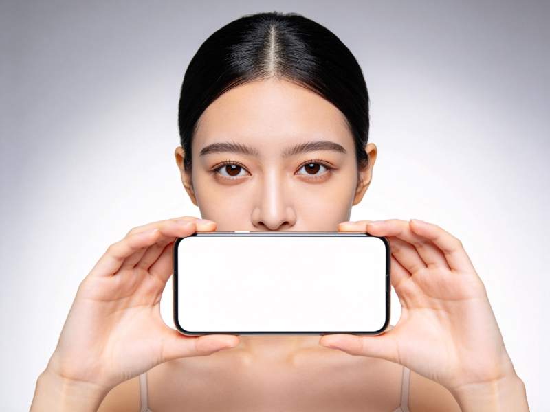 女性双手持空白手机遮挡口鼻部位图片