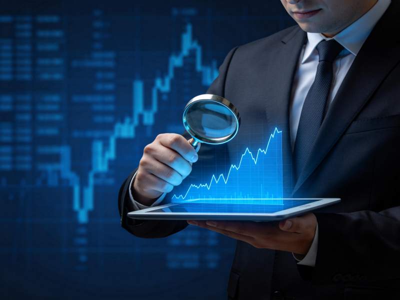商务人士手持放大镜分析平板上的数据图表图片