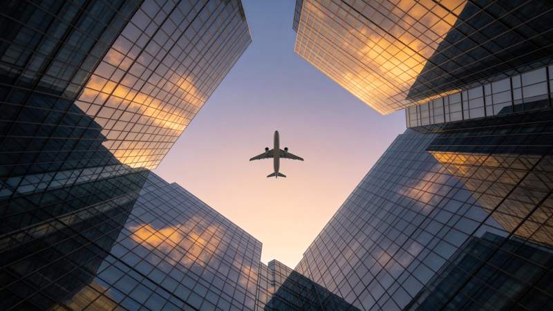 高楼间飞行的客机与玻璃幕墙倒影图片