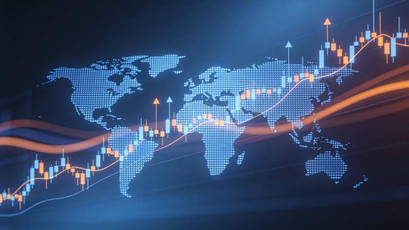 全球金融数据图表与世界地图叠加显示图片