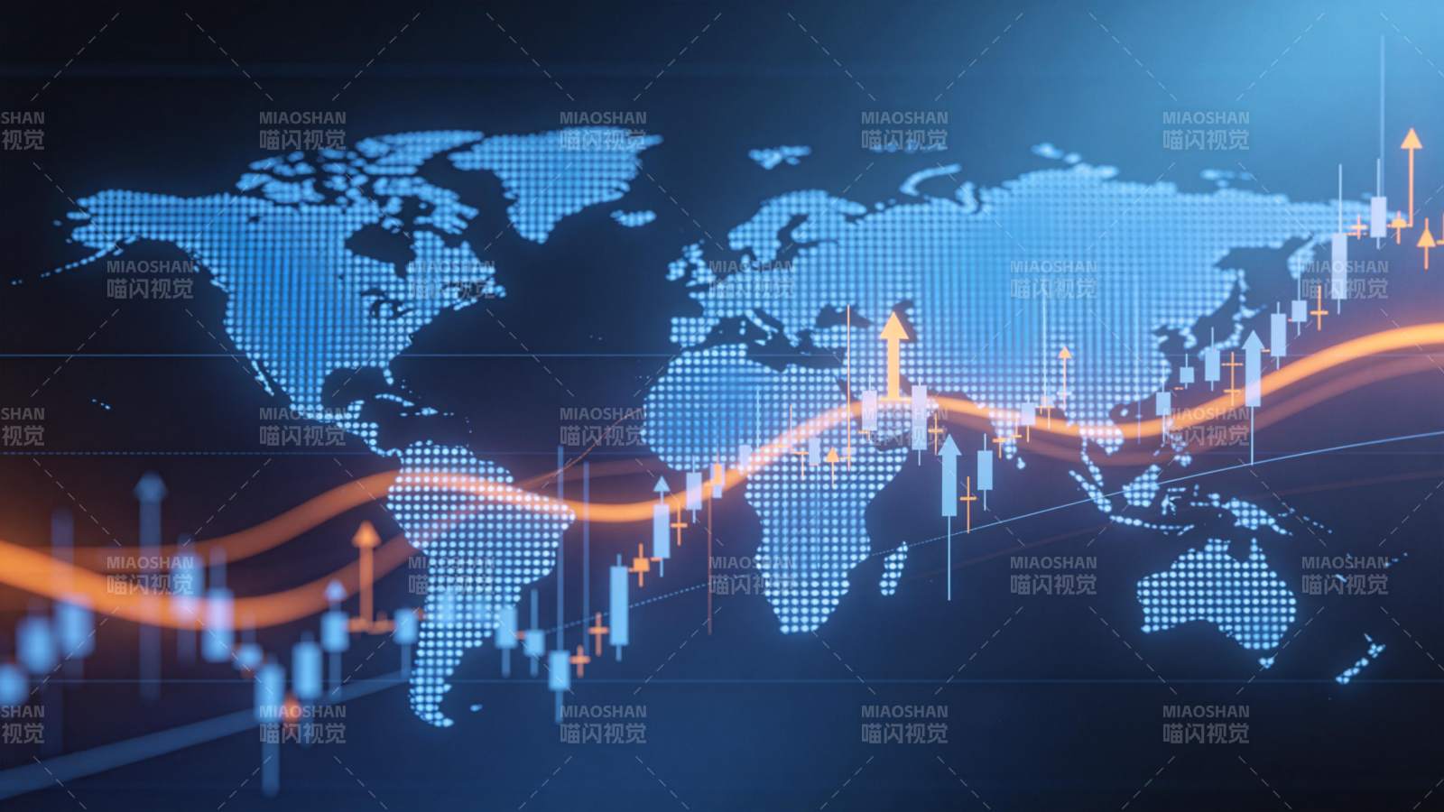 蓝色世界地图叠加金融走势图表数据图片