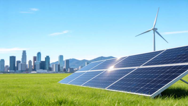 草地上的太阳能板与远处风力发电机城市景观图片