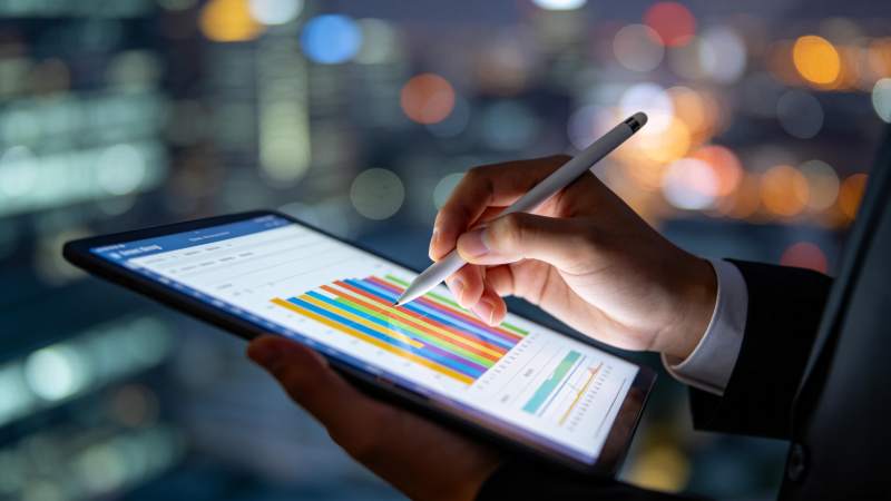 手持平板分析彩色数据图表的商务场景图片