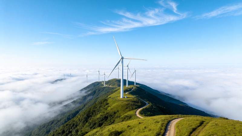 山脊云海之上多座白色风力发电机矗立图片