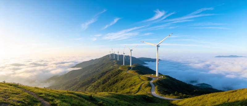 山脊线上排列的风力发电机与云海景观图片