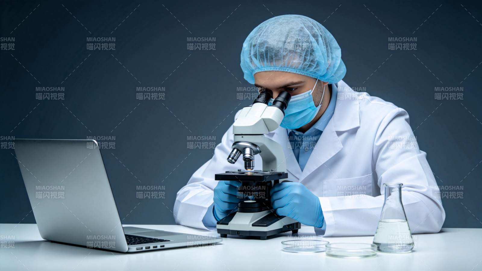 科研人员佩戴口罩使用显微镜进行实验观察图片