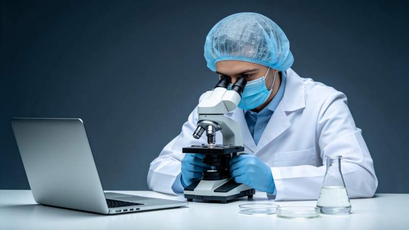 科研人员佩戴口罩使用显微镜进行实验观察图片