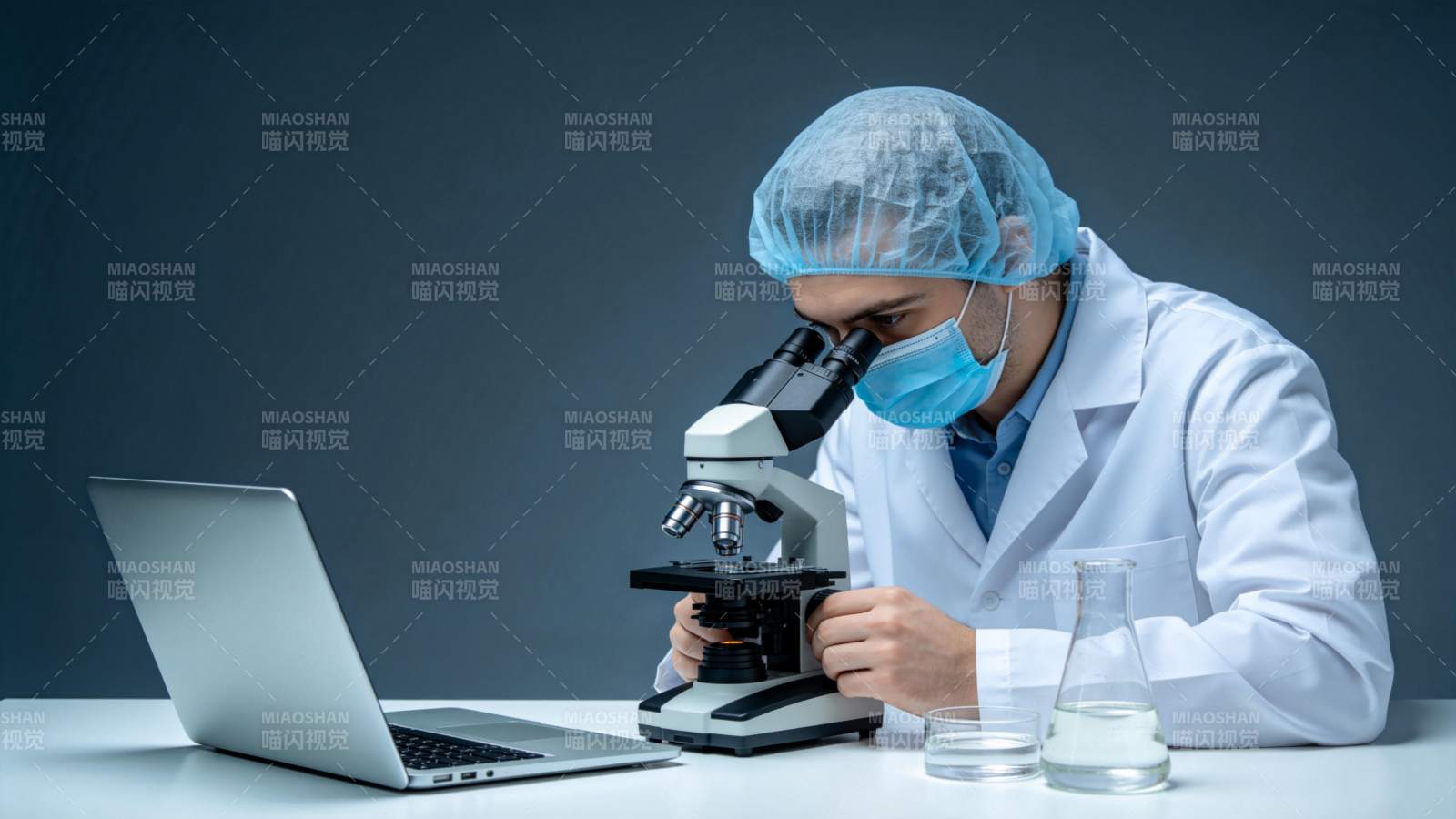 科研人员佩戴口罩使用显微镜进行实验观察图片