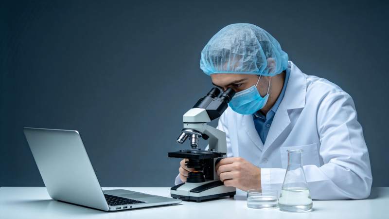 科研人员佩戴口罩使用显微镜进行实验观察图片