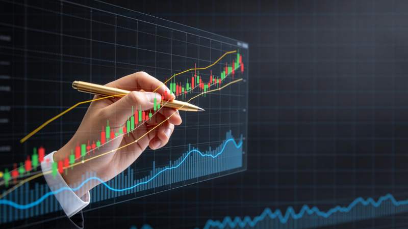 手持金笔指向股票K线图趋势分析图片