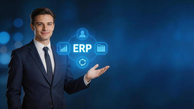 商务人士展示ERP系统全息界面图片