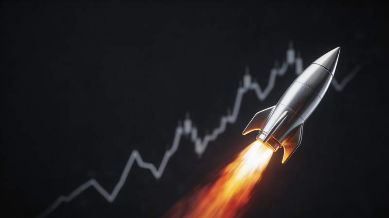 银色火箭喷火升空伴随上升折线图图片