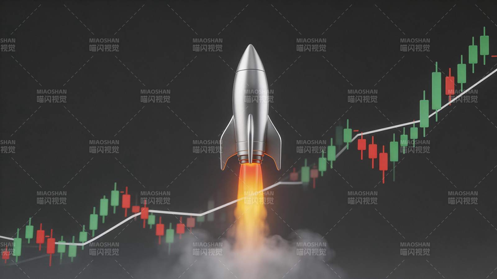 火箭升空伴随股票K线图上涨趋势图片