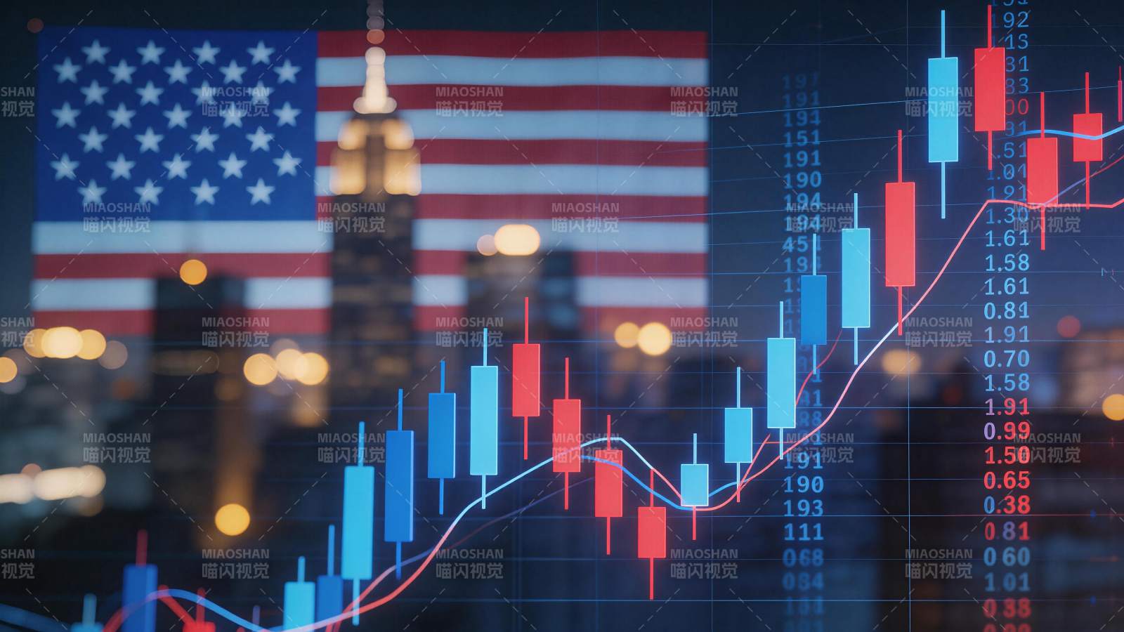 美国国旗背景下的股票K线图数据可视化图片