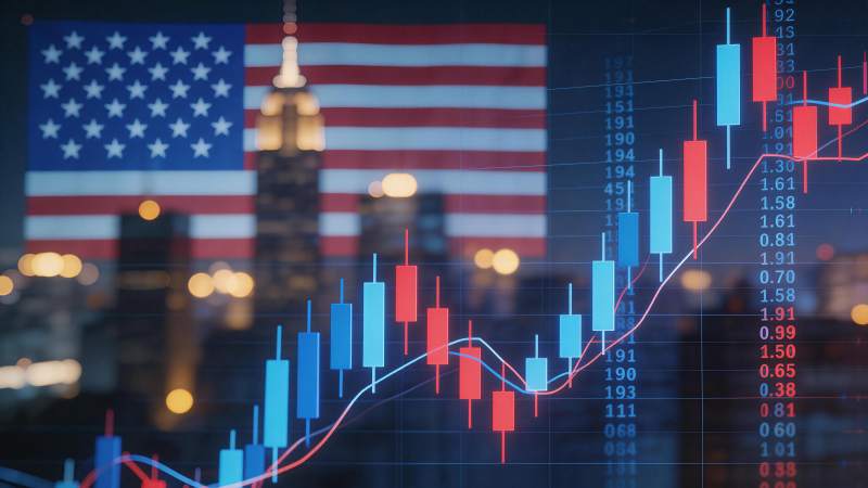 美国国旗背景下的股票K线图数据可视化图片
