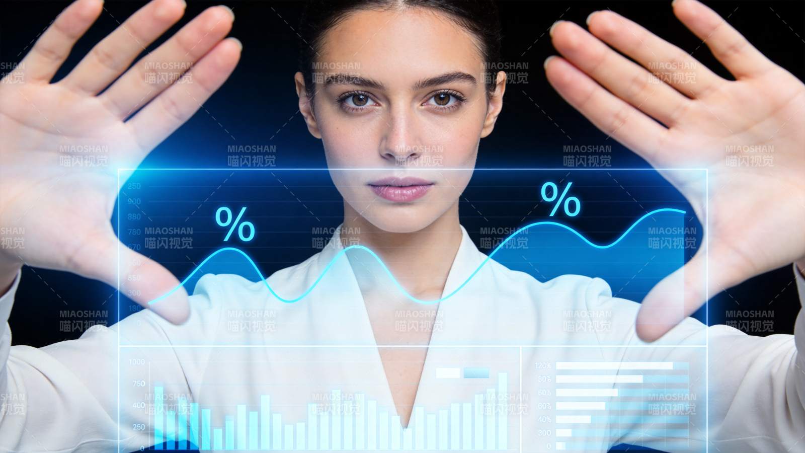 女性操作全息数据图表界面展示图片