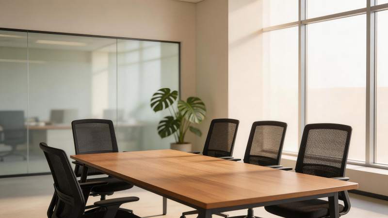 现代办公室会议桌与黑色网椅组合场景图片