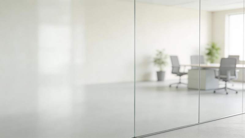 现代办公室玻璃隔断与会议桌椅场景图片