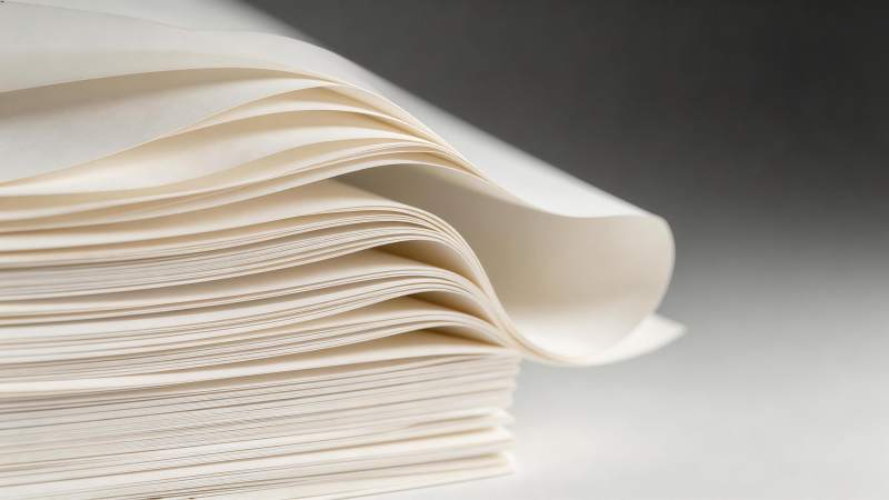 一叠米白色纸张边缘自然卷曲特写图片