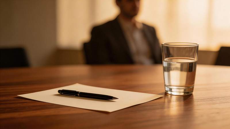 木质桌面上的纸张钢笔与水杯及背景人物图片