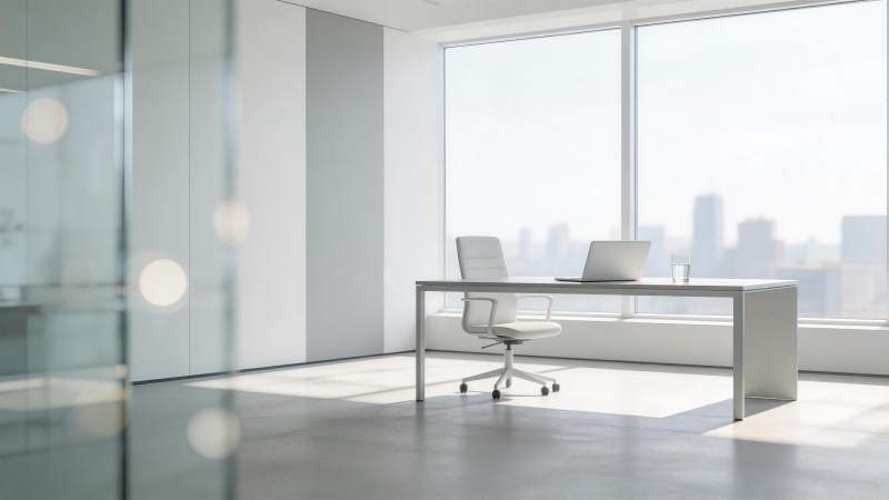 现代办公室内白色办公桌椅与落地窗景观图片