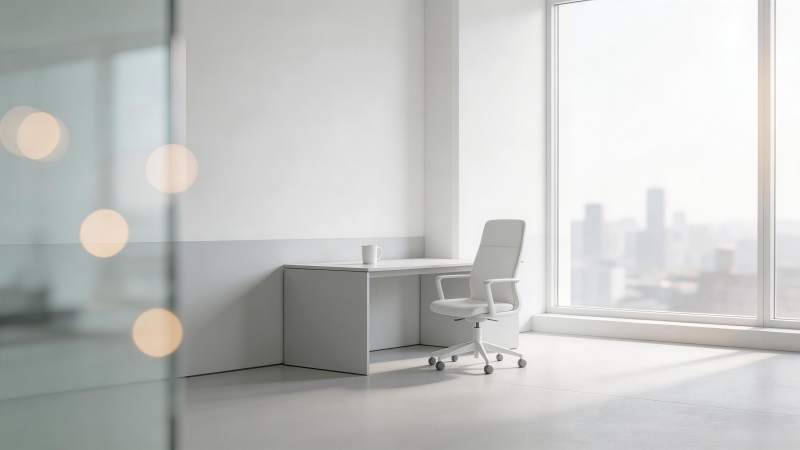 现代简约办公室内白色书桌与办公椅场景图片