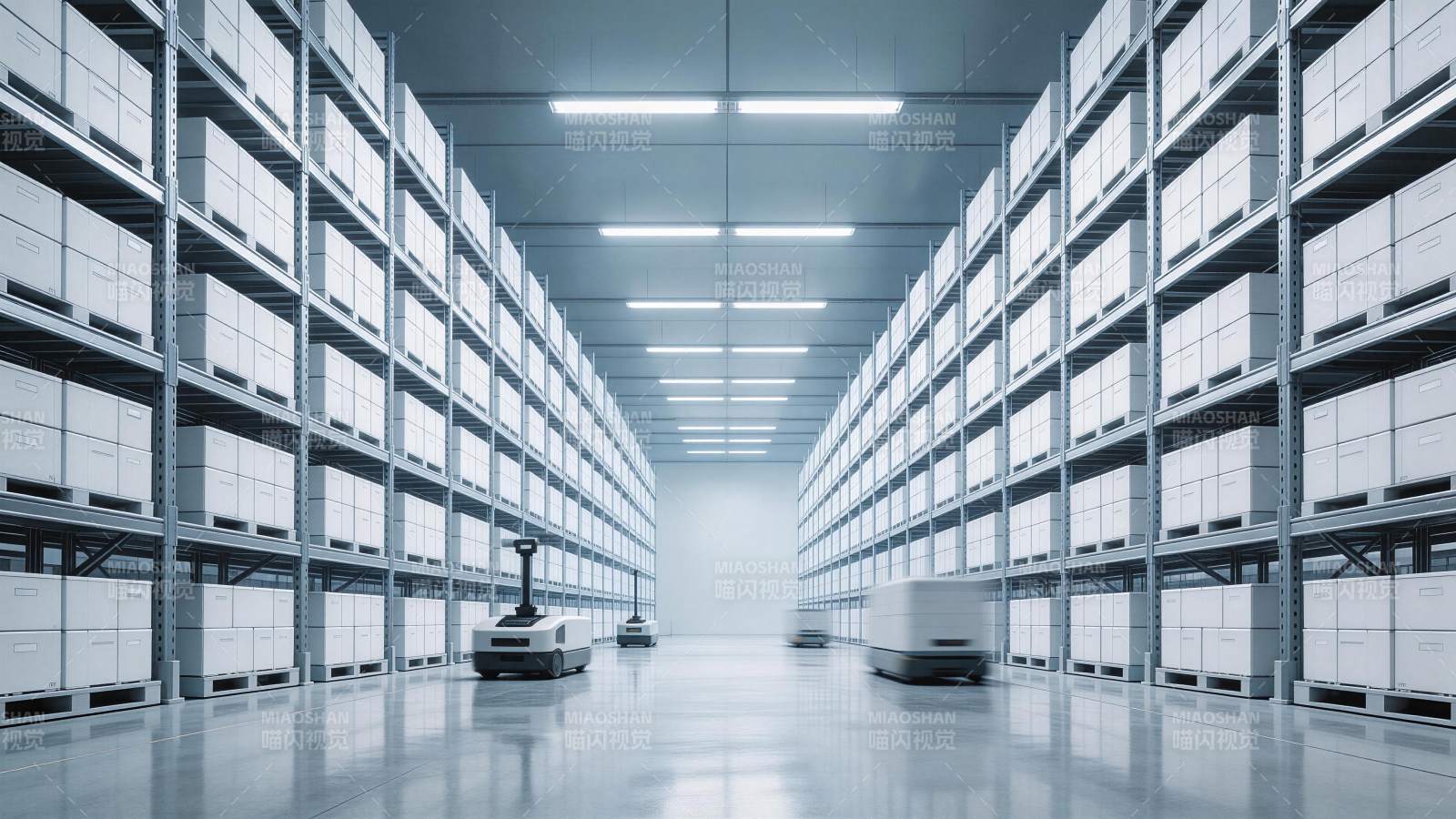 自动化仓库内多台搬运机器人作业场景图片