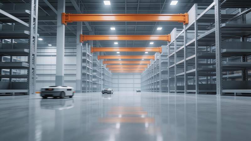 现代化仓库内自动导引车与橙色吊轨系统图片