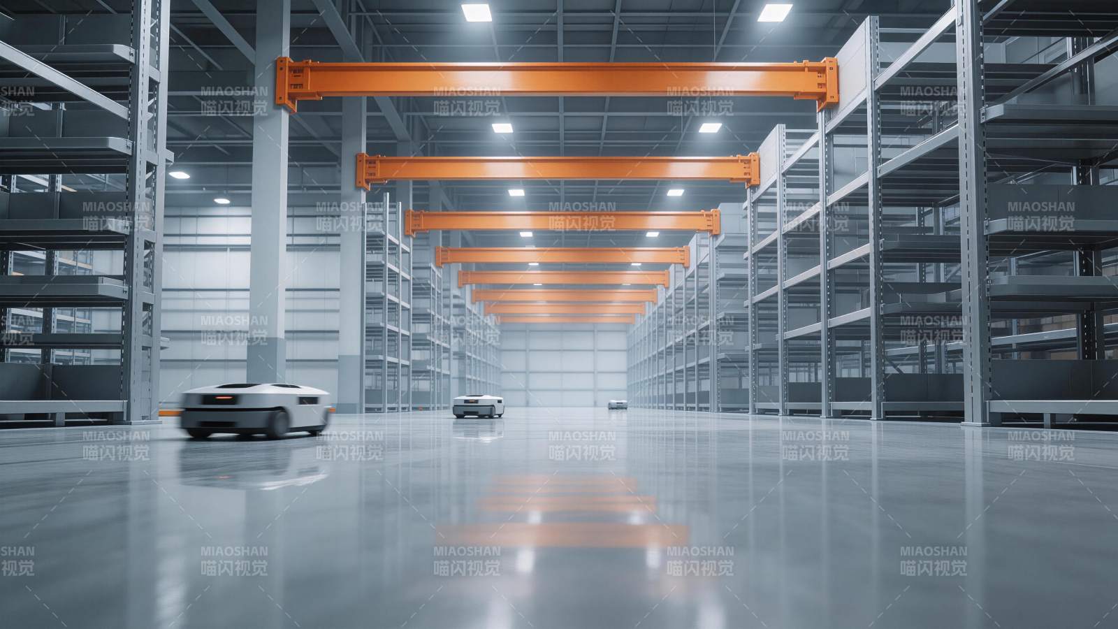 现代化仓库内自动导引车与橙色吊轨系统图片