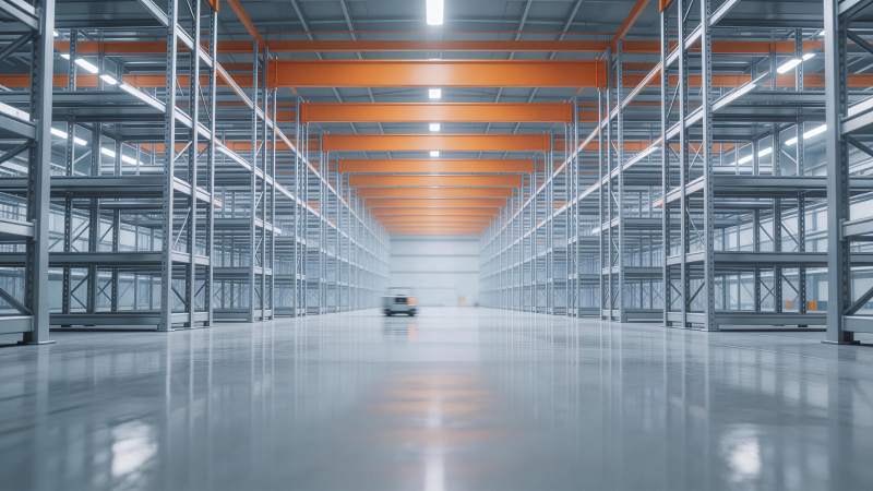 大型仓储货架通道内叉车行驶场景图片