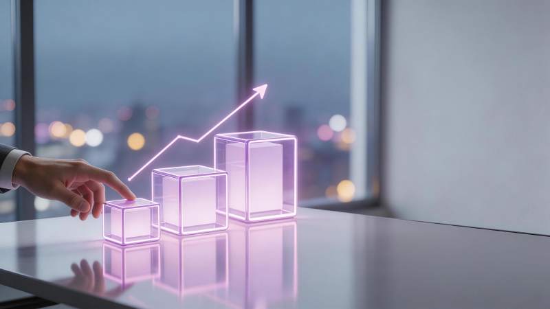 手触发光立方体与上升箭头图表展示图片
